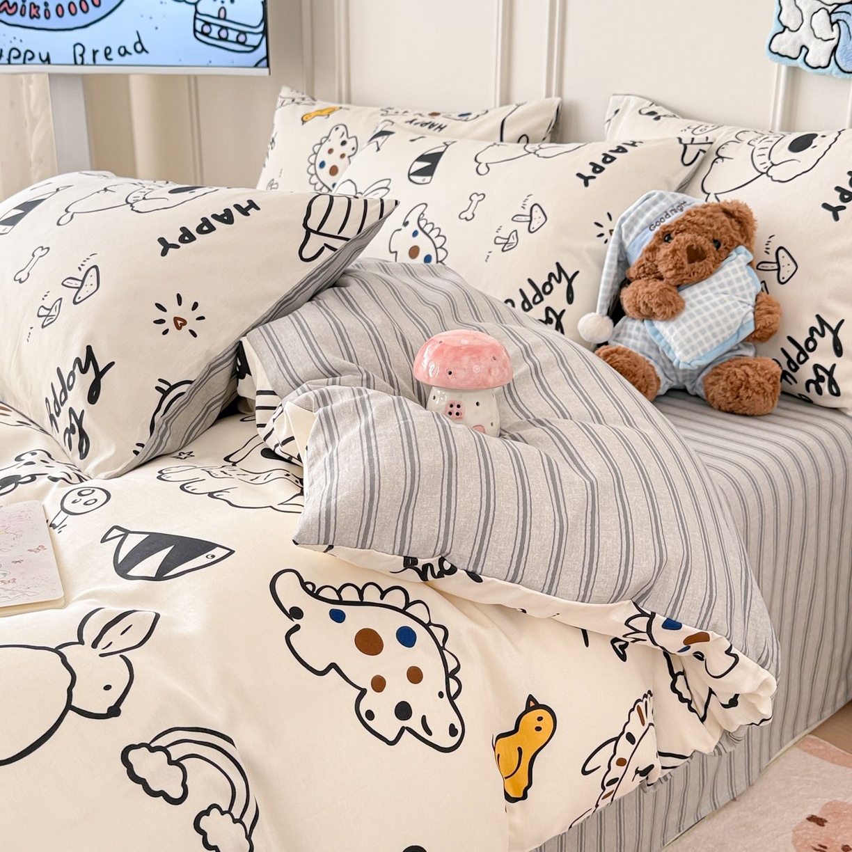 91家纺网 家纺一手货源 找家纺 女子家纺 2026新款全棉12868卡通印花四件套大耳朵兔兔系列 黑白动物集