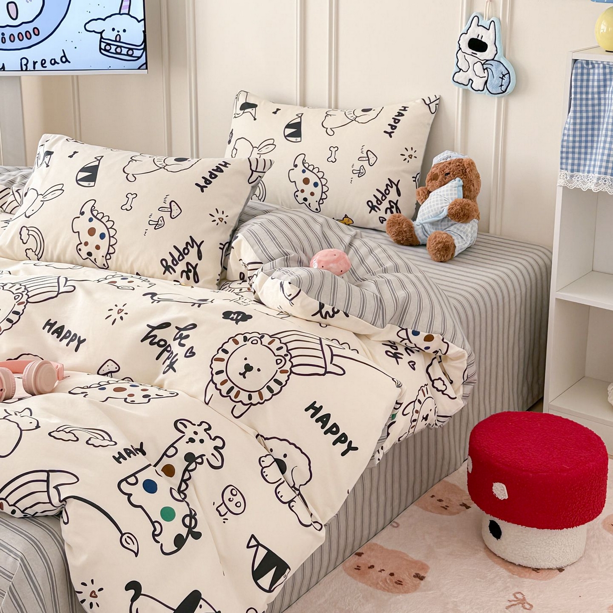 91家纺网 家纺一手货源 找家纺 女子家纺 2026新款全棉12868卡通印花四件套大耳朵兔兔系列 黑白动物集