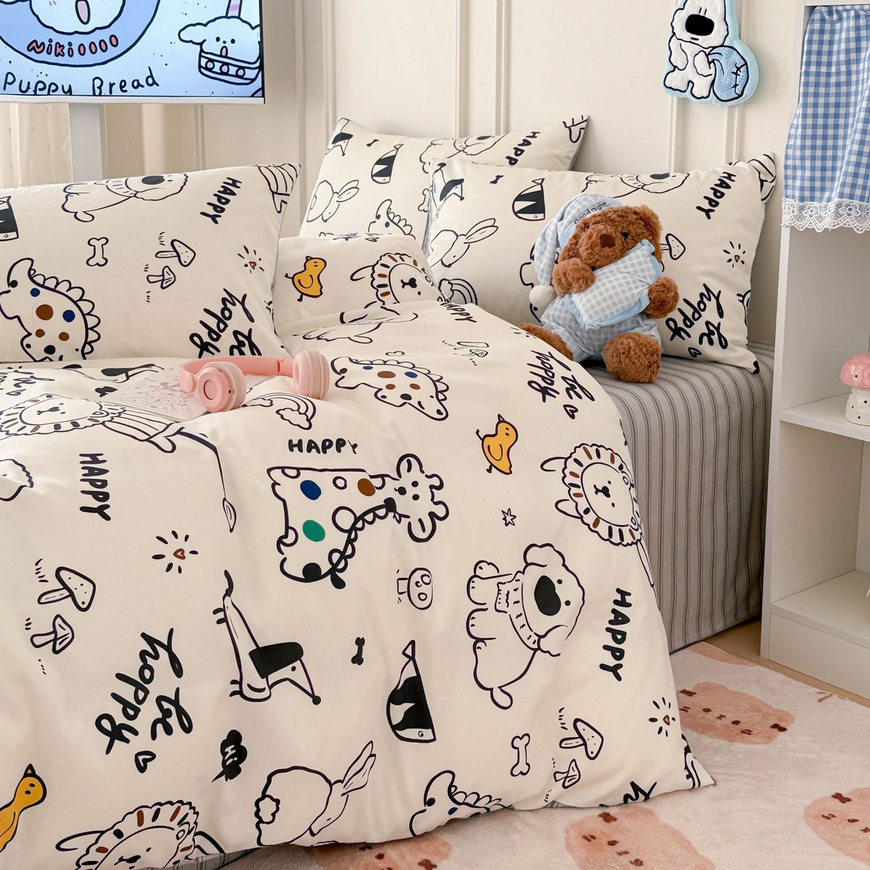 91家纺网 家纺一手货源 找家纺 女子家纺 2026新款全棉12868卡通印花四件套大耳朵兔兔系列 黑白动物集