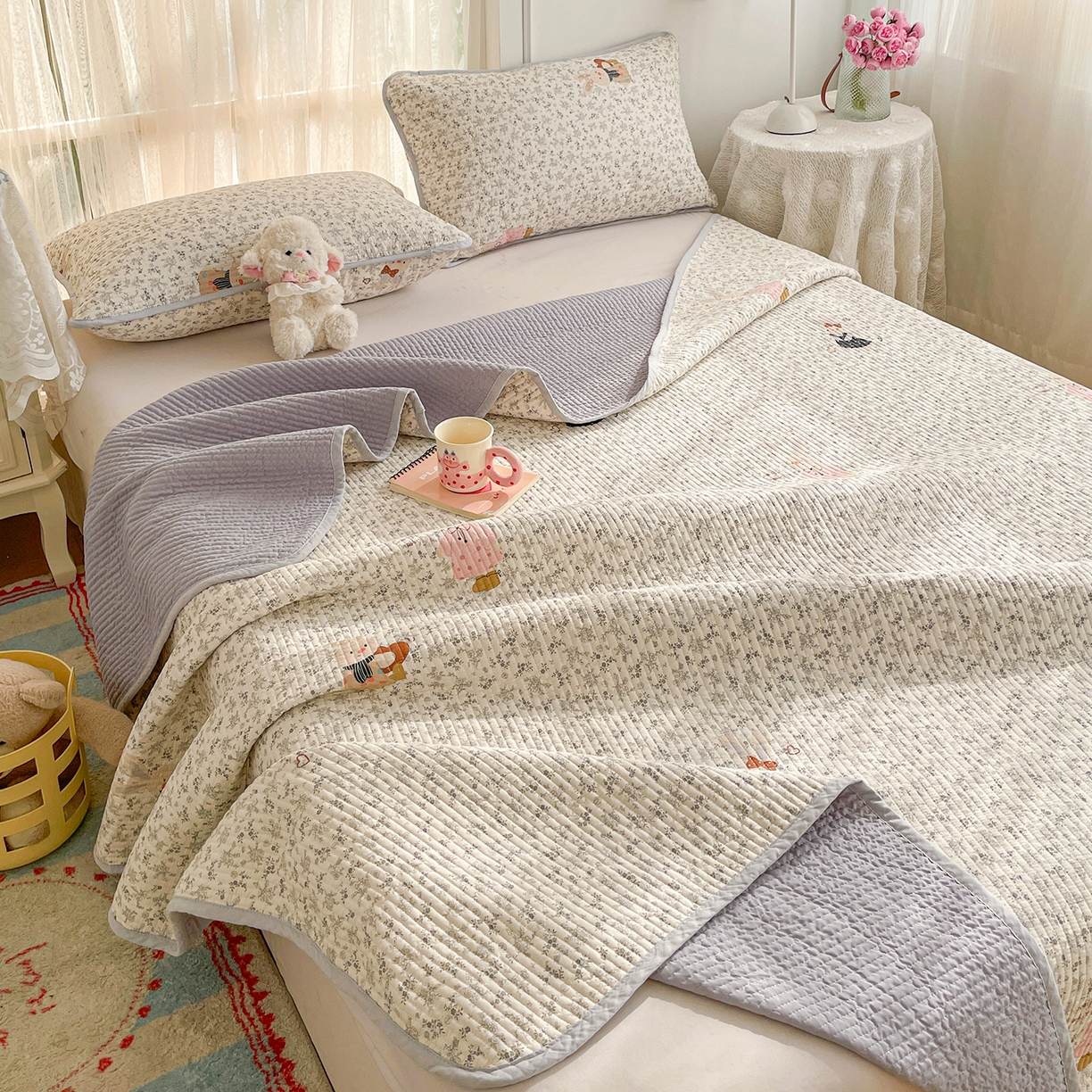 金丝兔 2026春夏新品全棉床盖三件套纯棉砂洗床盖榻榻米炕盖加厚碎花床单 吉吉兔