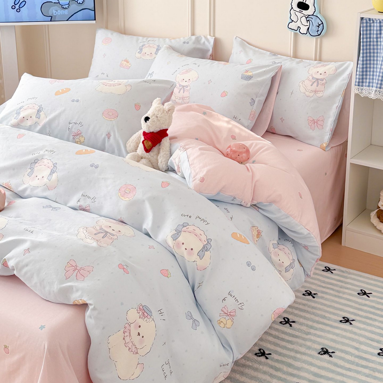 91家纺网 家纺一手货源 找家纺 女子家纺 2026新款全棉12868卡通印花四件套大耳朵兔兔系列 蓝粉汪集