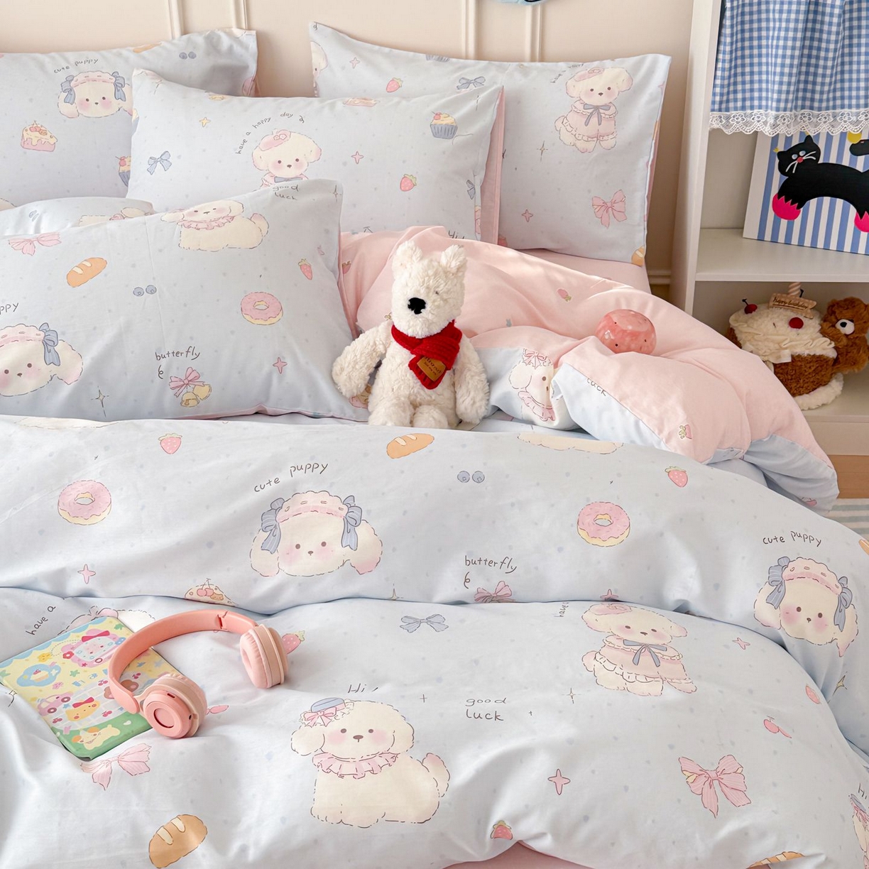 91家纺网 家纺一手货源 找家纺 女子家纺 2026新款全棉12868卡通印花四件套大耳朵兔兔系列 蓝粉汪集