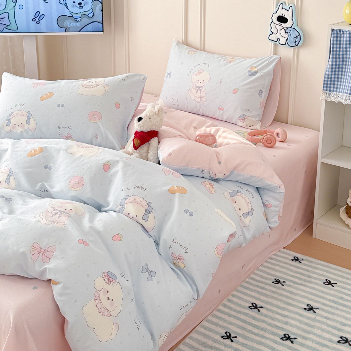 91家纺网 家纺一手货源 找家纺 女子家纺 2026新款全棉12868卡通印花四件套大耳朵兔兔系列 蓝粉汪集