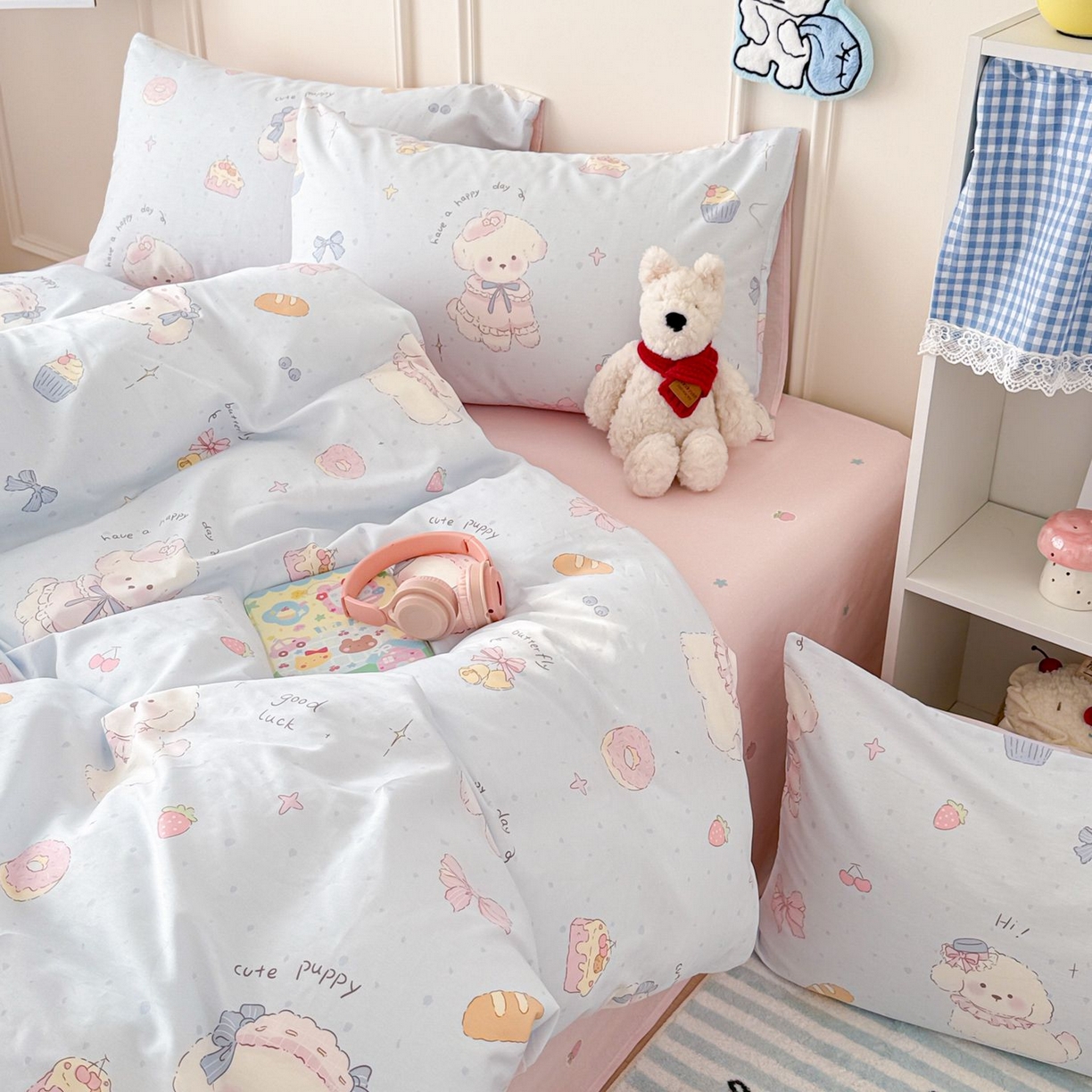 91家纺网 家纺一手货源 找家纺 女子家纺 2026新款全棉12868卡通印花四件套大耳朵兔兔系列 蓝粉汪集