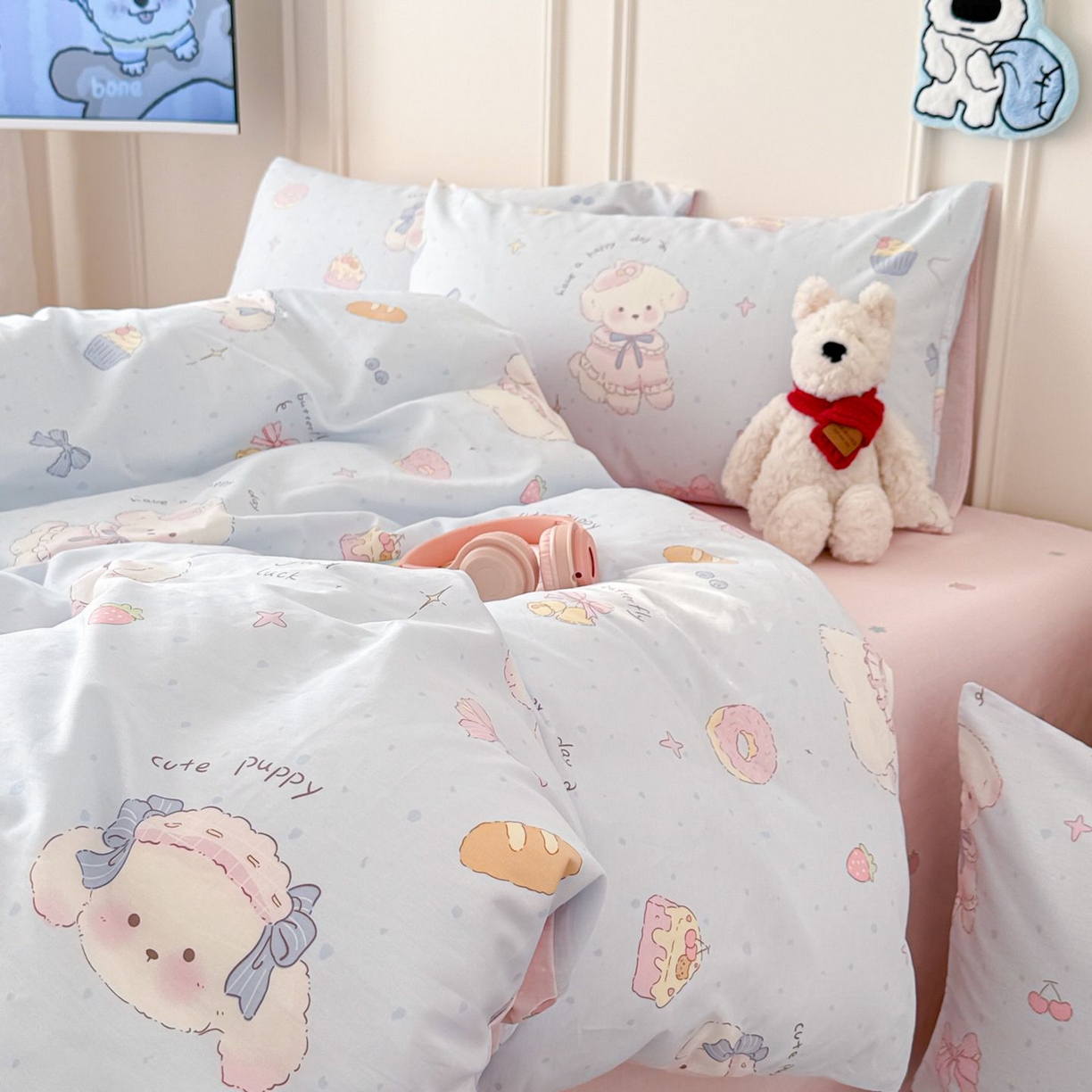 91家纺网 家纺一手货源 找家纺 女子家纺 2026新款全棉12868卡通印花四件套大耳朵兔兔系列 蓝粉汪集