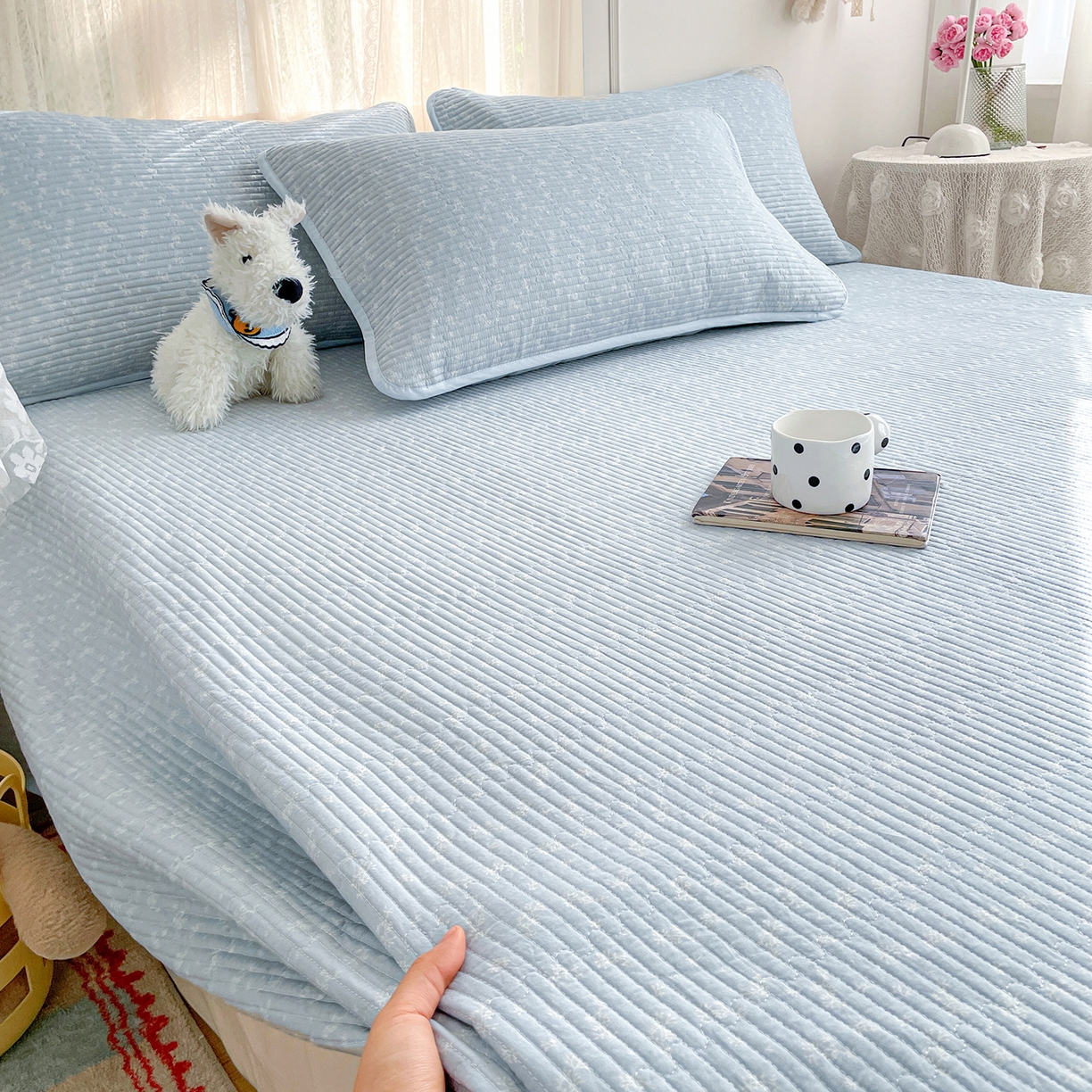 91家纺网 家纺一手货源 找家纺 金丝兔 2026春夏新品全棉床盖三件套纯棉砂洗床盖榻榻米炕盖加厚碎花床单 蓝汐