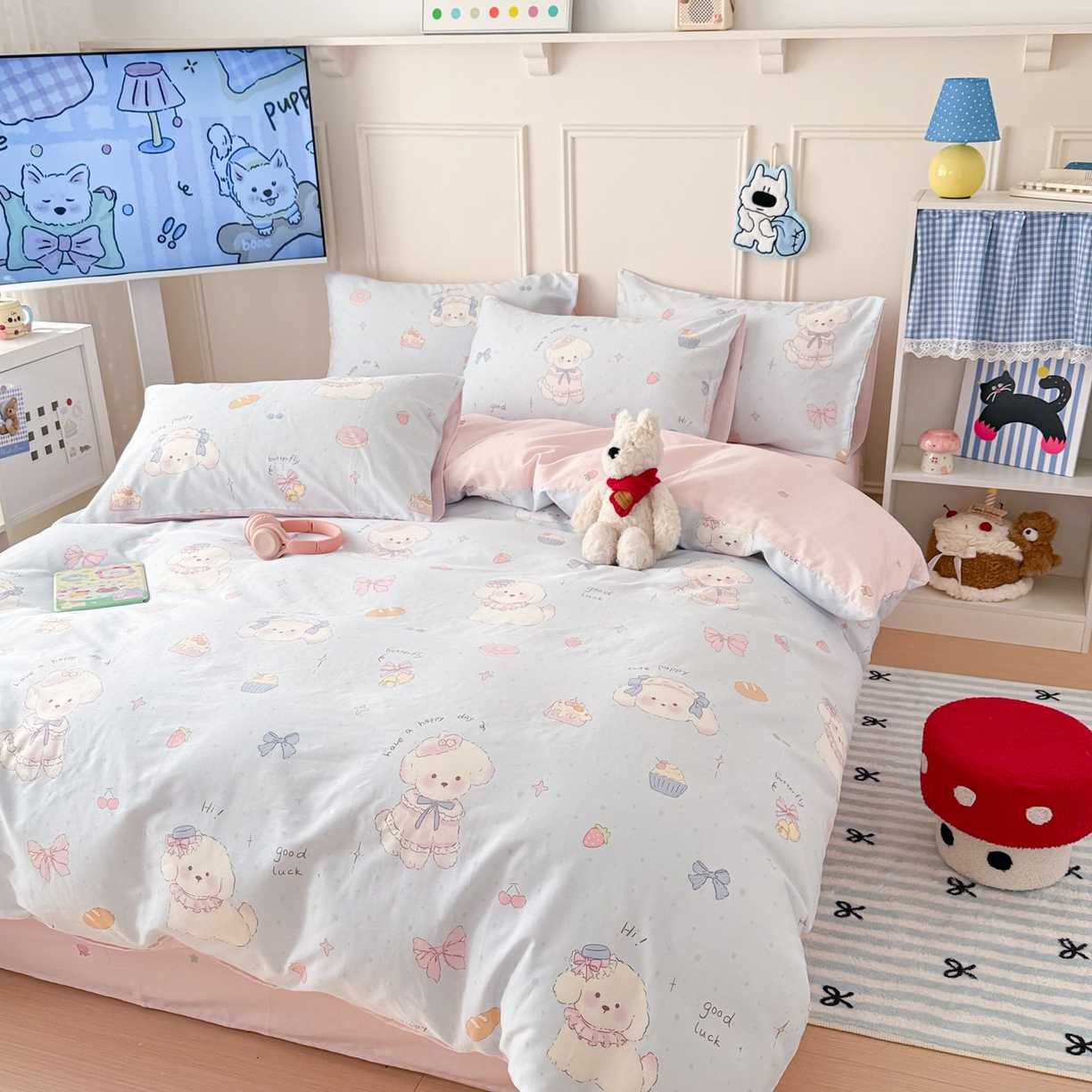 91家纺网 家纺一手货源 找家纺 女子家纺 2026新款全棉12868卡通印花四件套大耳朵兔兔系列 蓝粉汪集