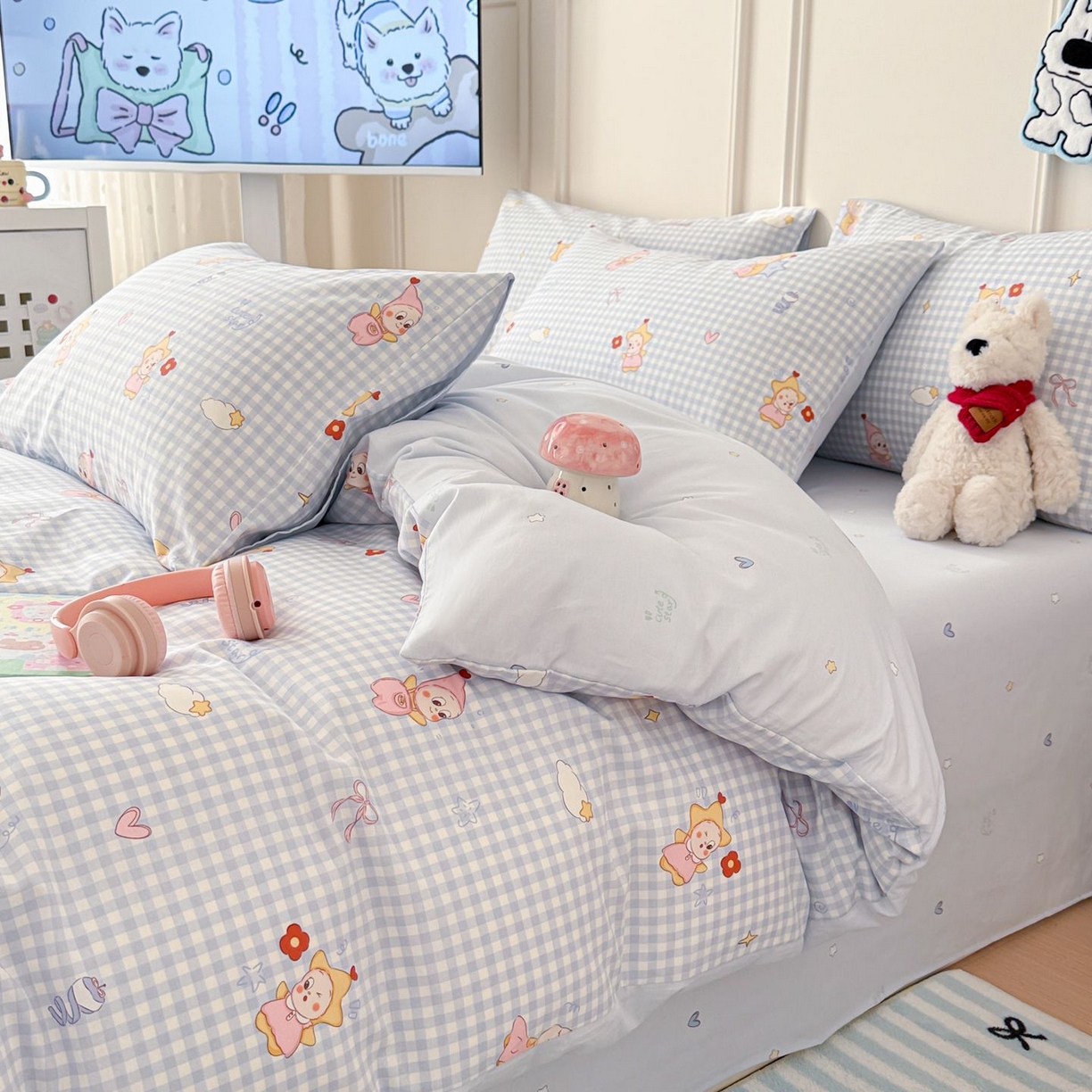 91家纺网 家纺一手货源 找家纺 女子家纺 2026新款全棉12868卡通印花四件套大耳朵兔兔系列 蓝格甜崽