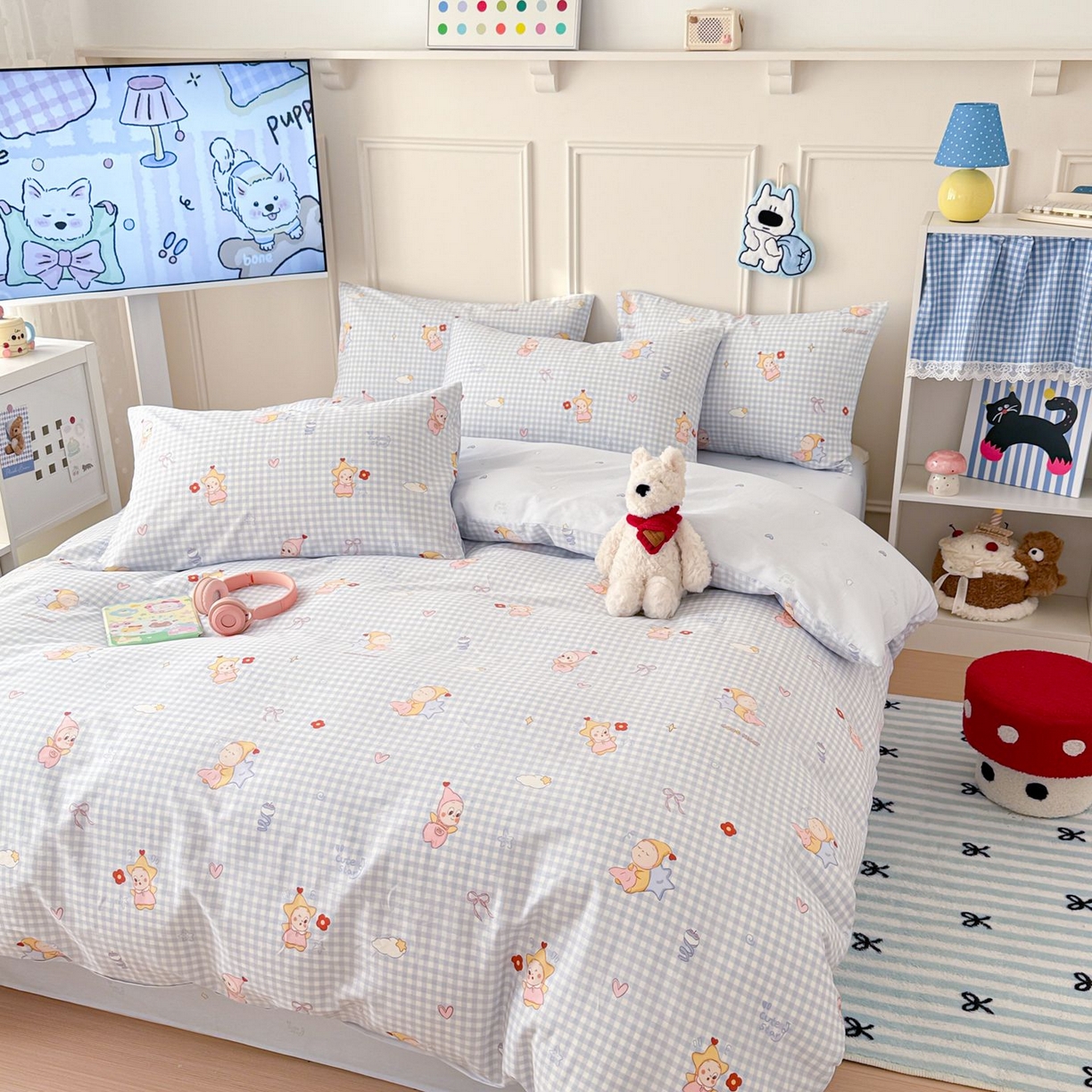 91家纺网 家纺一手货源 找家纺 女子家纺 2026新款全棉12868卡通印花四件套大耳朵兔兔系列 蓝格甜崽