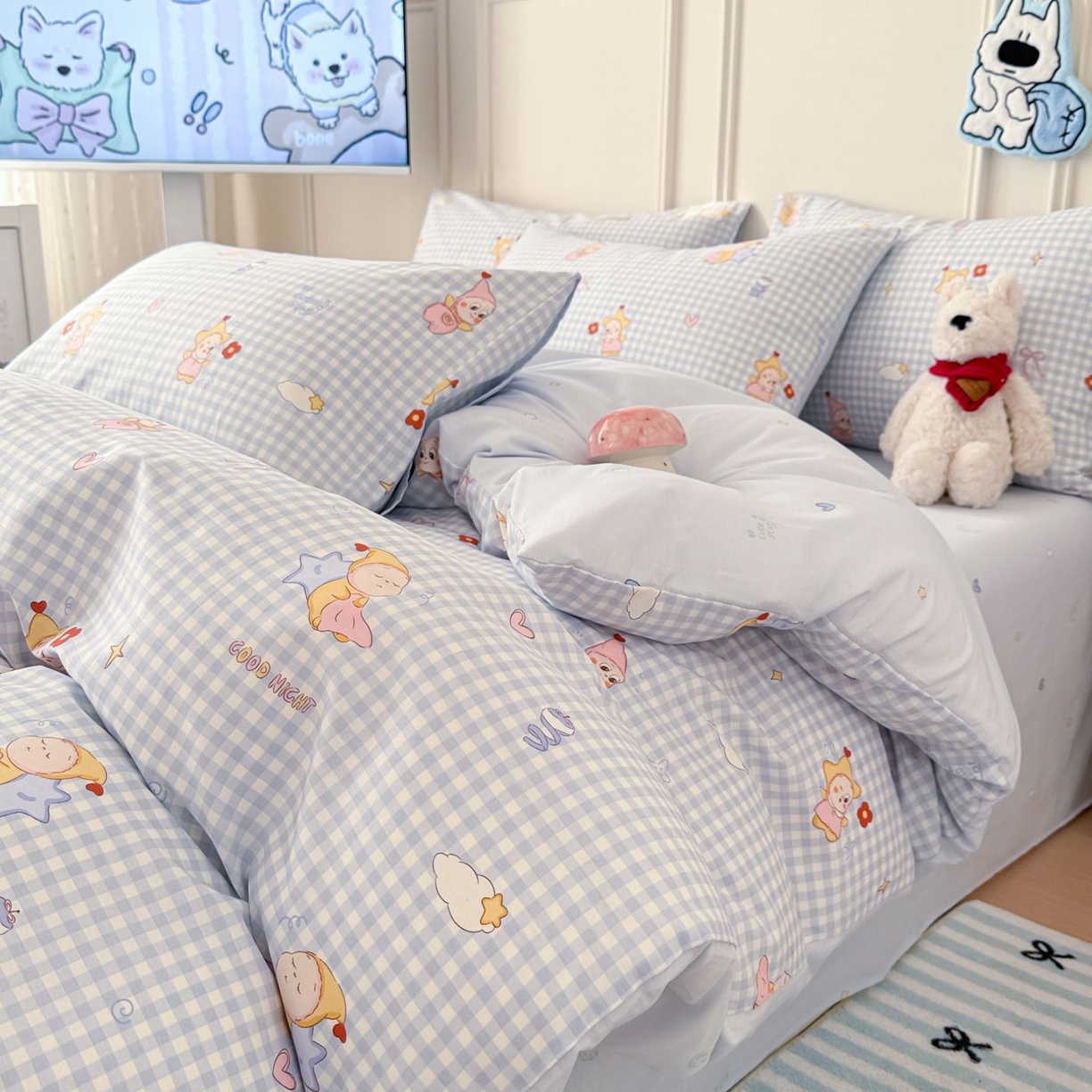 91家纺网 家纺一手货源 找家纺 女子家纺 2026新款全棉12868卡通印花四件套大耳朵兔兔系列 蓝格甜崽