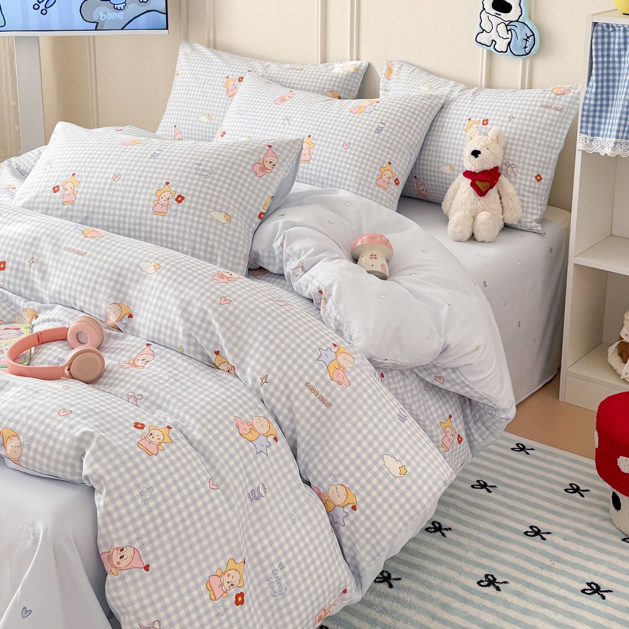 91家纺网 家纺一手货源 找家纺 女子家纺 2026新款全棉12868卡通印花四件套大耳朵兔兔系列 蓝格甜崽