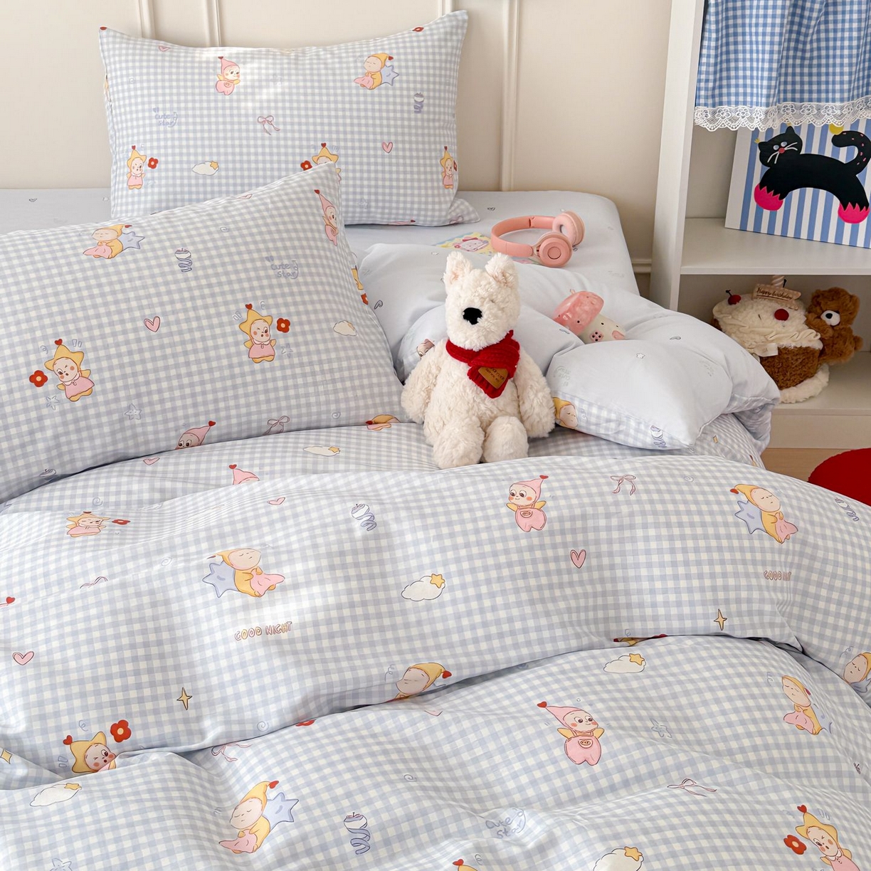 91家纺网 家纺一手货源 找家纺 女子家纺 2026新款全棉12868卡通印花四件套大耳朵兔兔系列 蓝格甜崽