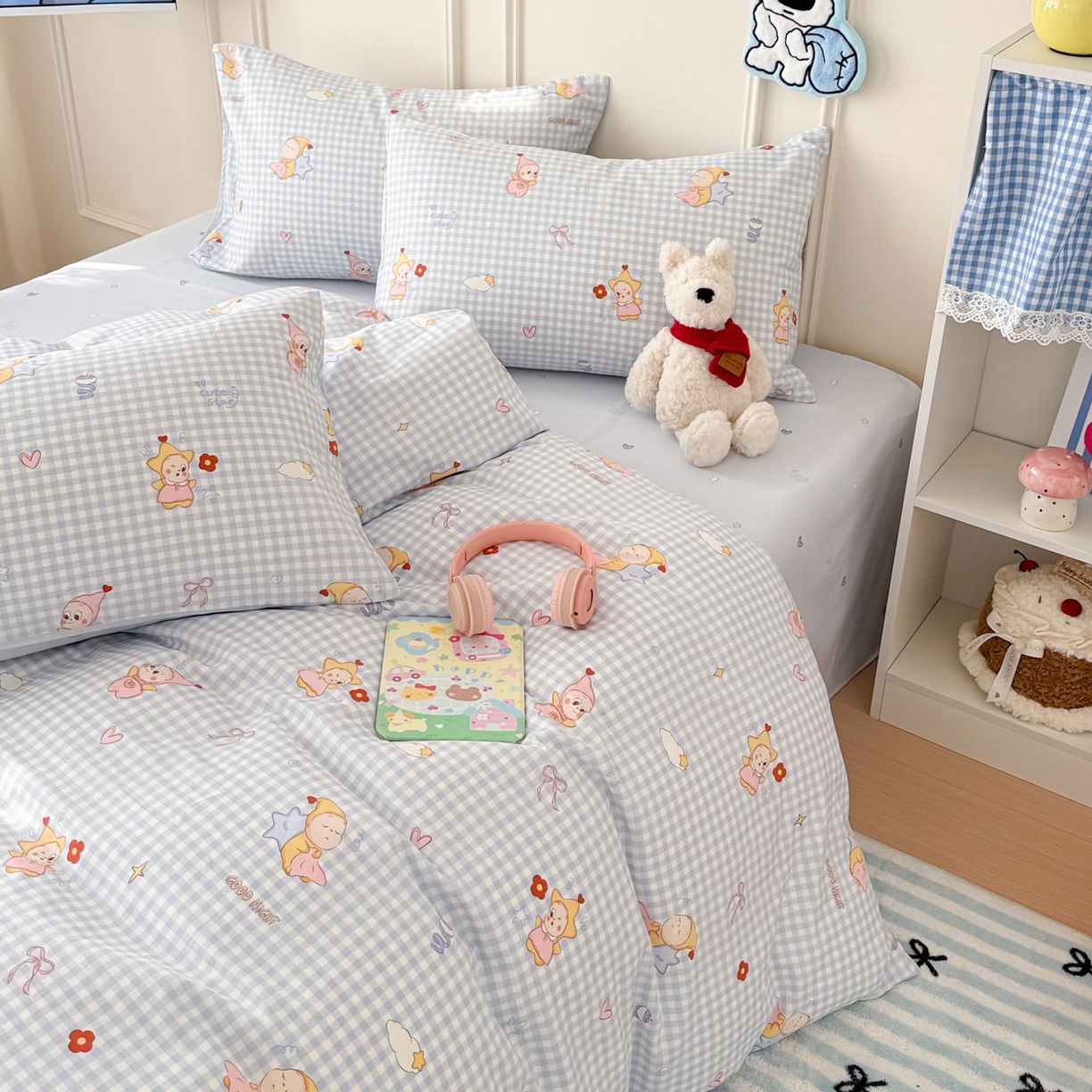 91家纺网 家纺一手货源 找家纺 女子家纺 2026新款全棉12868卡通印花四件套大耳朵兔兔系列 蓝格甜崽