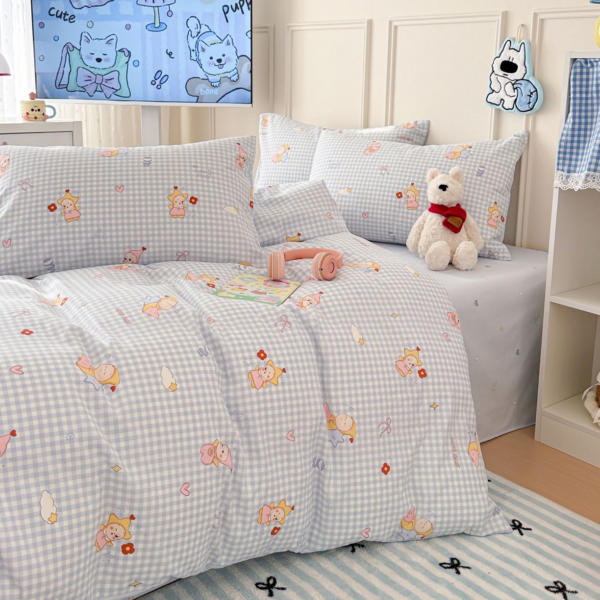 91家纺网 家纺一手货源 找家纺 女子家纺 2026新款全棉12868卡通印花四件套大耳朵兔兔系列 蓝格甜崽