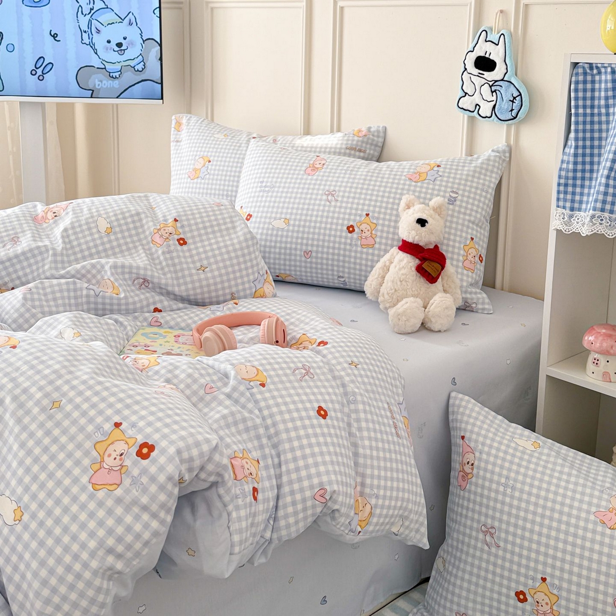 91家纺网 家纺一手货源 找家纺 女子家纺 2026新款全棉12868卡通印花四件套大耳朵兔兔系列 蓝格甜崽