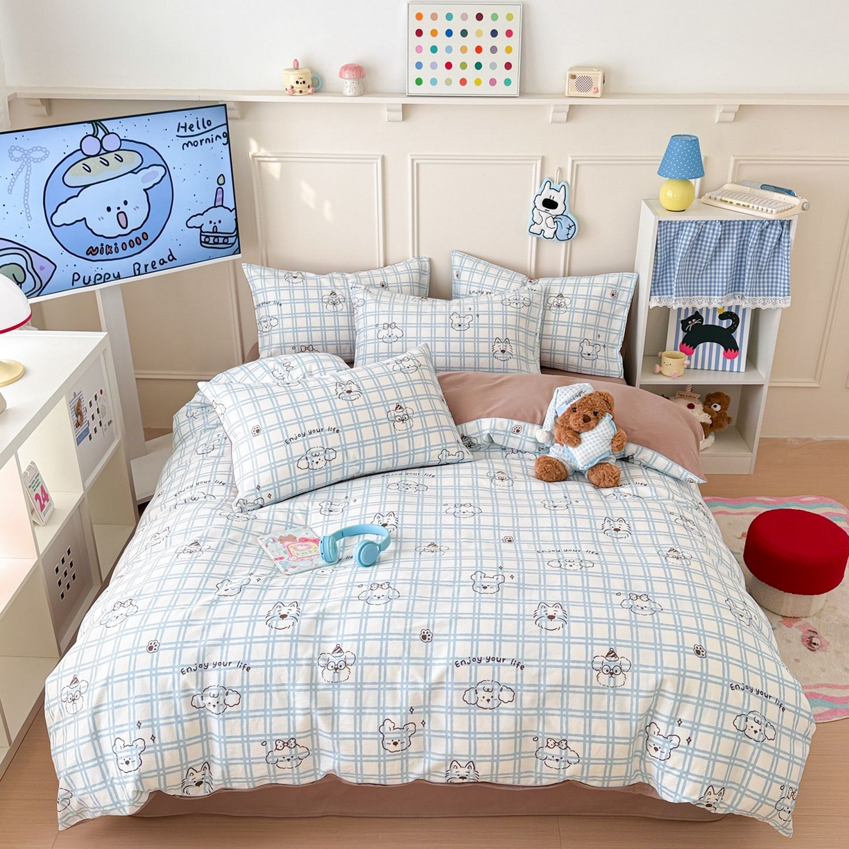 女子家纺 2026新款全棉12868卡通印花四件套大耳朵兔兔系列 蓝格汪星