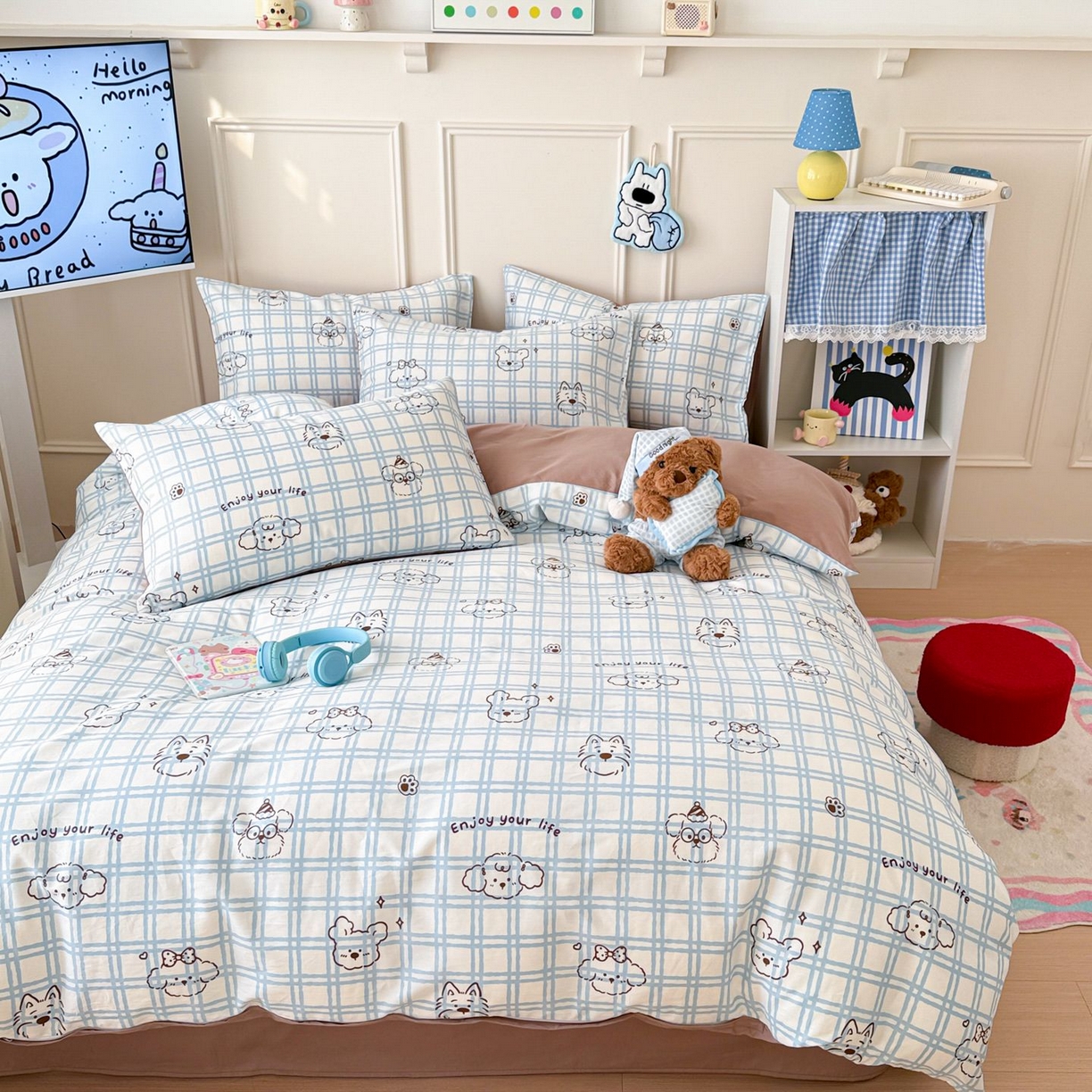 91家纺网 家纺一手货源 找家纺 女子家纺 2026新款全棉12868卡通印花四件套大耳朵兔兔系列 蓝格汪星