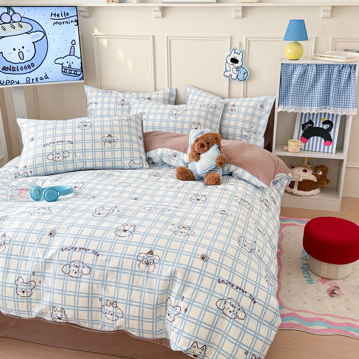 91家纺网 家纺一手货源 找家纺 女子家纺 2026新款全棉12868卡通印花四件套大耳朵兔兔系列 蓝格汪星