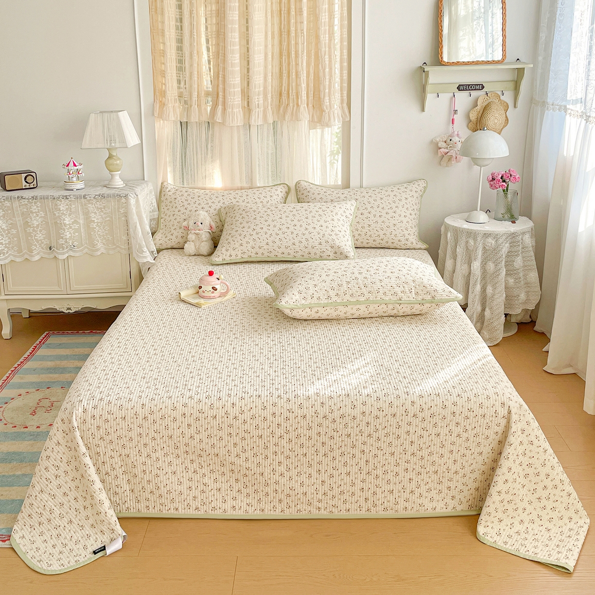 91家纺网 家纺一手货源 找家纺 金丝兔 2026春夏新品全棉床盖三件套纯棉砂洗床盖榻榻米炕盖加厚碎花床单 硕果