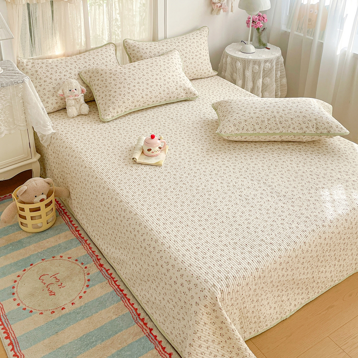 91家纺网 家纺一手货源 找家纺 金丝兔 2026春夏新品全棉床盖三件套纯棉砂洗床盖榻榻米炕盖加厚碎花床单 硕果