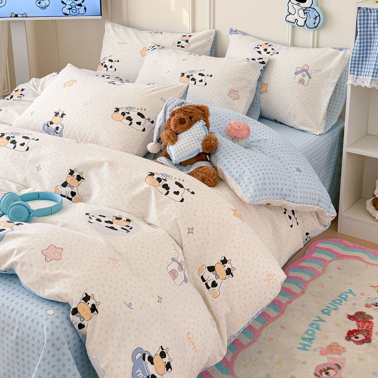 91家纺网 家纺一手货源 找家纺 女子家纺 2026新款全棉12868卡通印花四件套大耳朵兔兔系列 奶芙呼呼