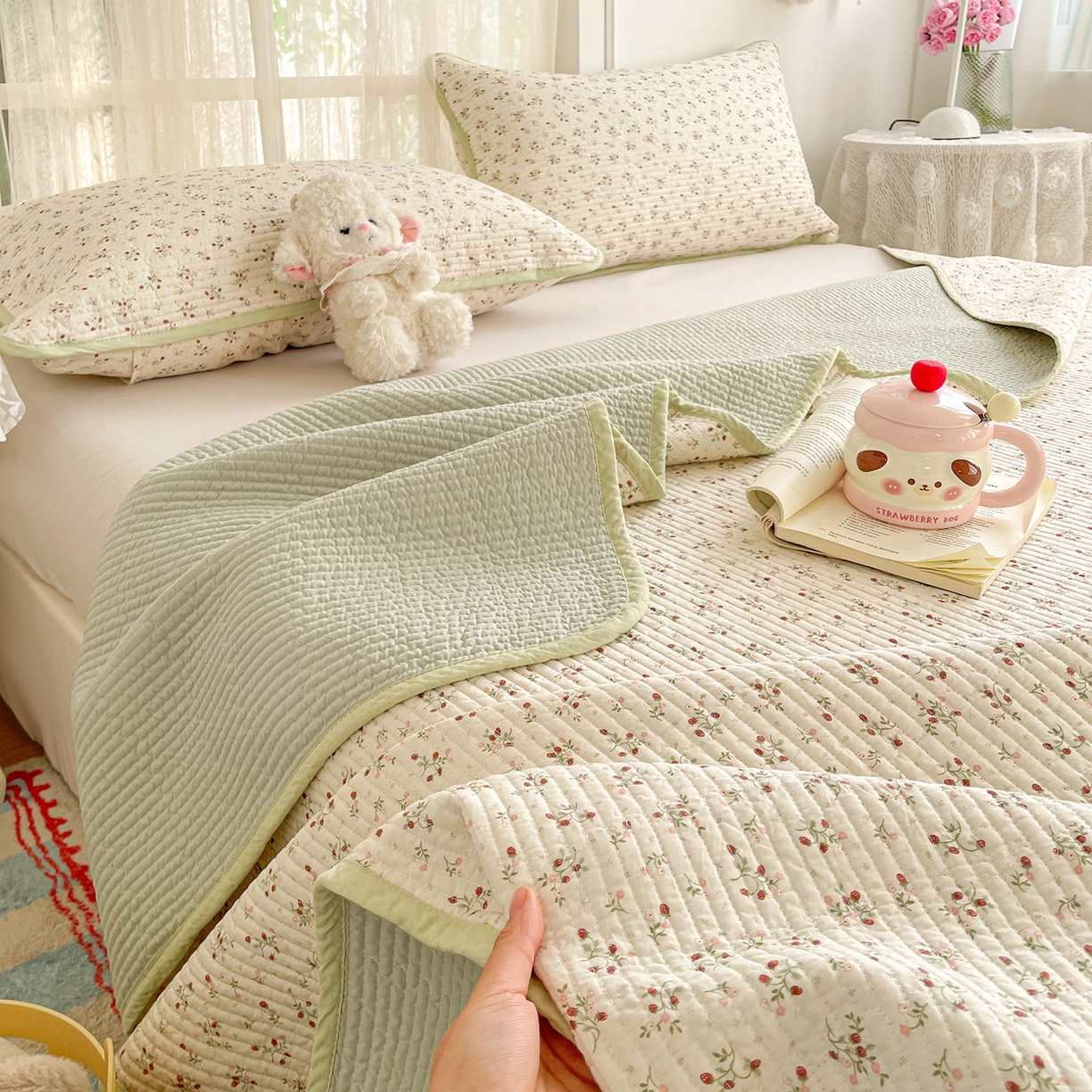 91家纺网 家纺一手货源 找家纺 金丝兔 2026春夏新品全棉床盖三件套纯棉砂洗床盖榻榻米炕盖加厚碎花床单 硕果