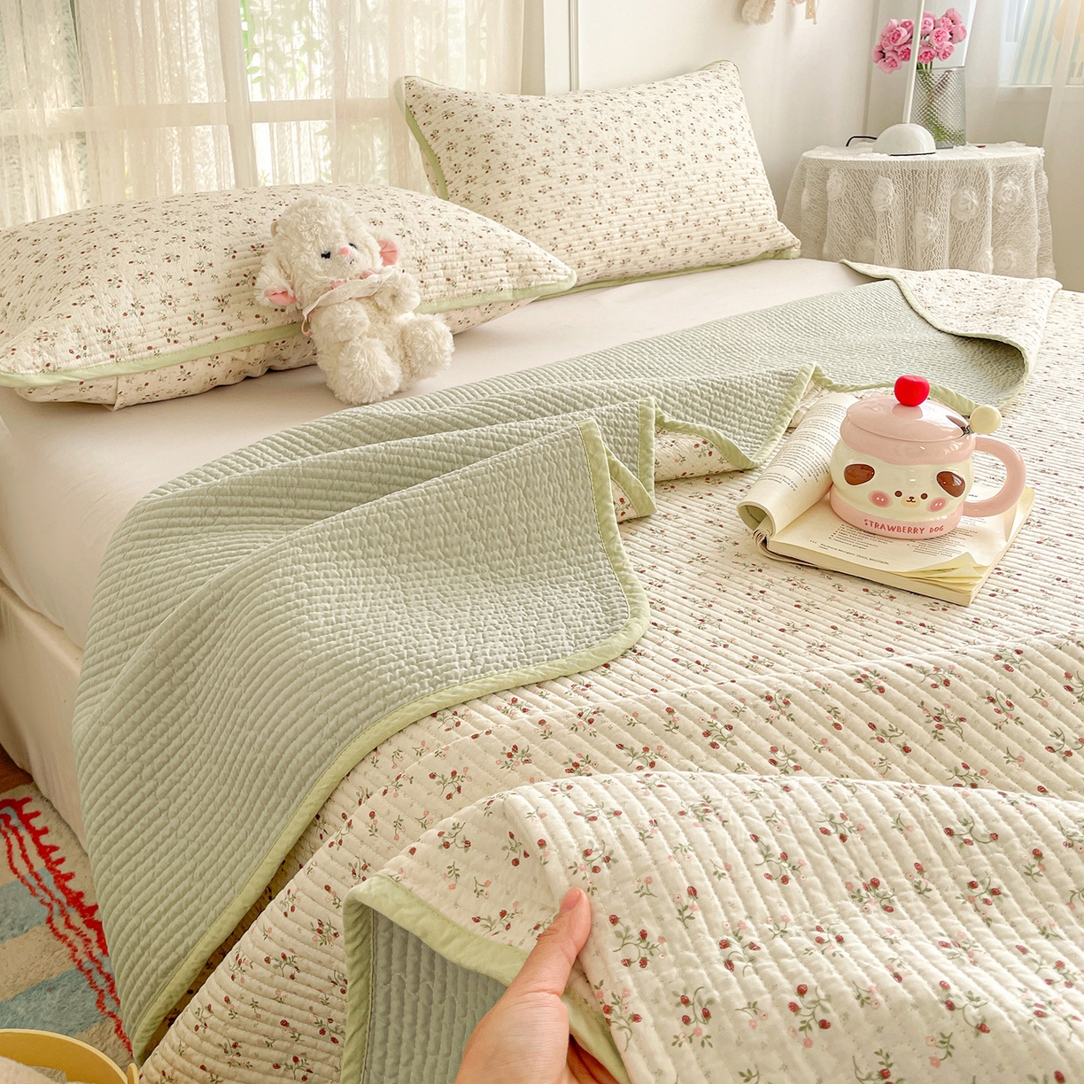 91家纺网 家纺一手货源 找家纺 金丝兔 2026春夏新品全棉床盖三件套纯棉砂洗床盖榻榻米炕盖加厚碎花床单 硕果