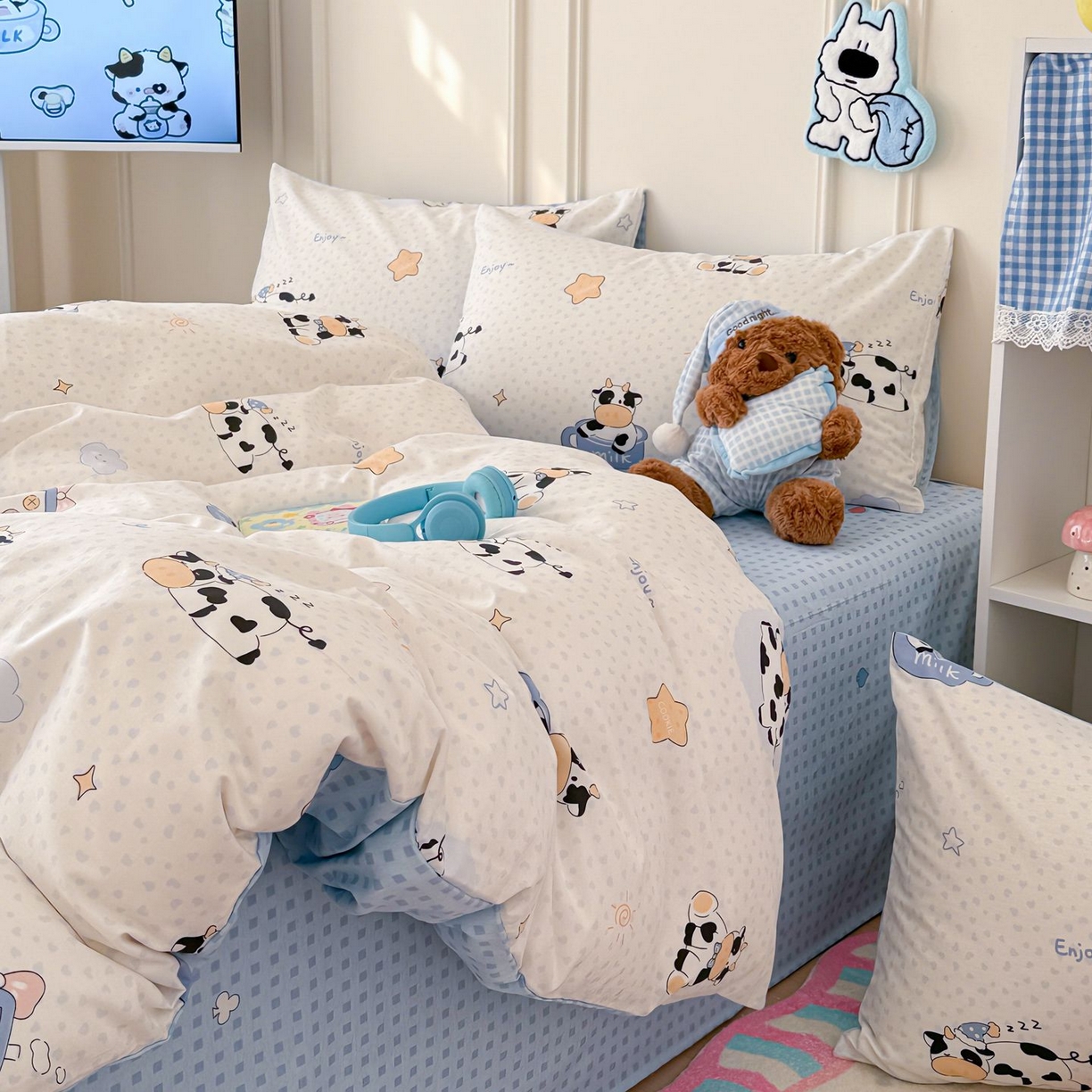 91家纺网 家纺一手货源 找家纺 女子家纺 2026新款全棉12868卡通印花四件套大耳朵兔兔系列 奶芙呼呼