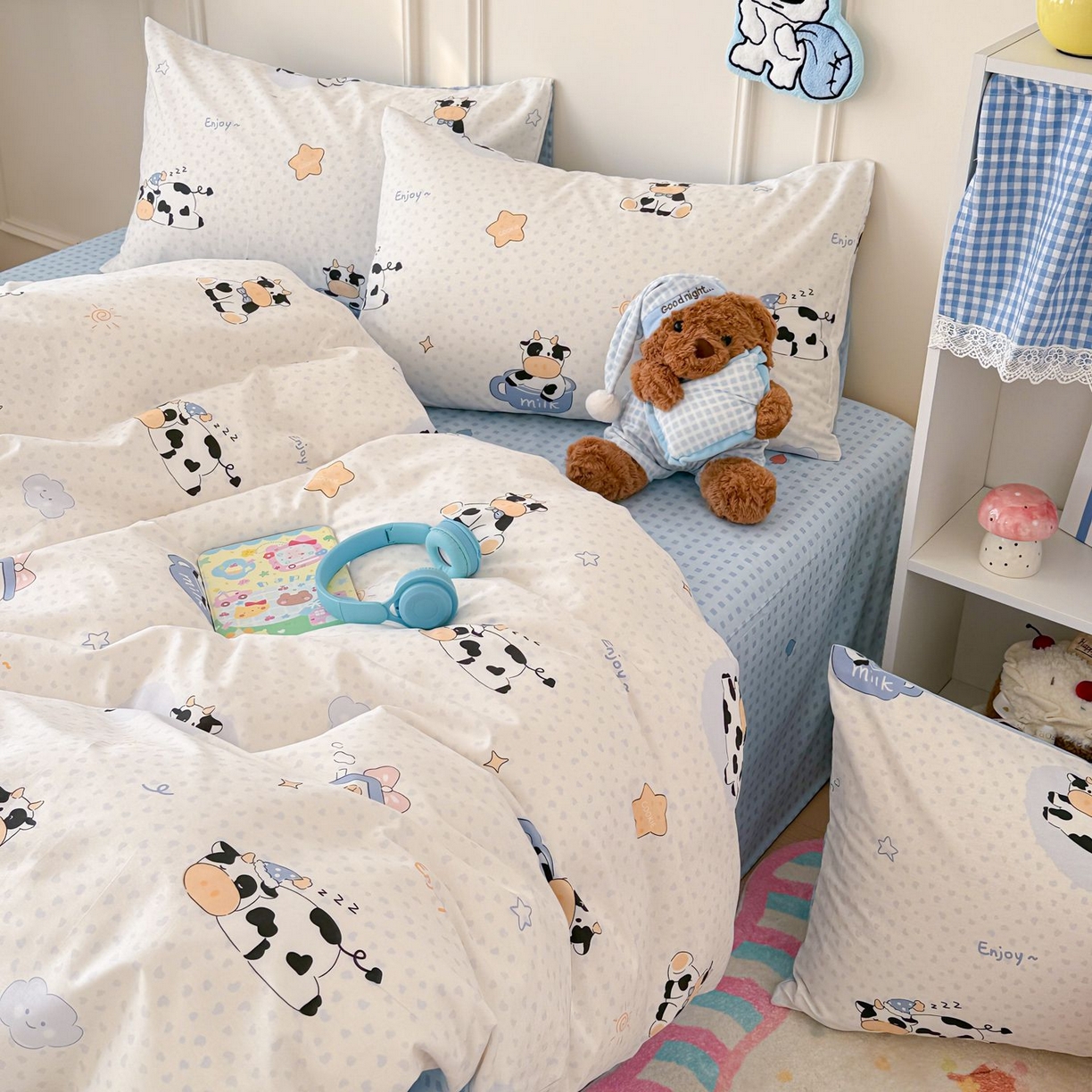 91家纺网 家纺一手货源 找家纺 女子家纺 2026新款全棉12868卡通印花四件套大耳朵兔兔系列 奶芙呼呼