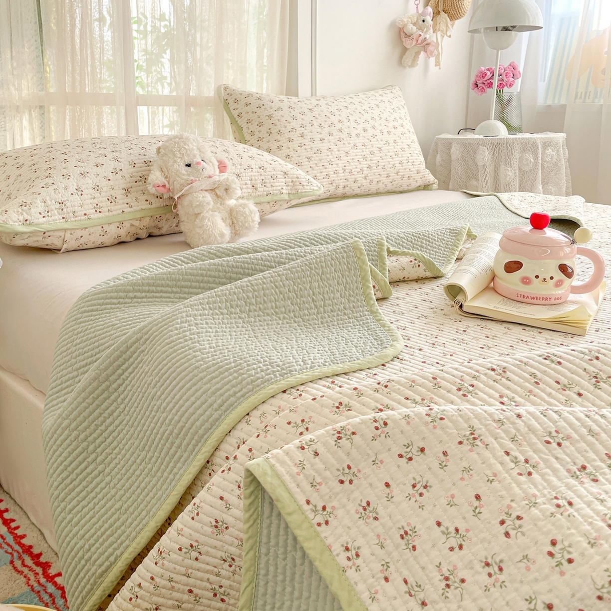 91家纺网 家纺一手货源 找家纺 金丝兔 2026春夏新品全棉床盖三件套纯棉砂洗床盖榻榻米炕盖加厚碎花床单 硕果