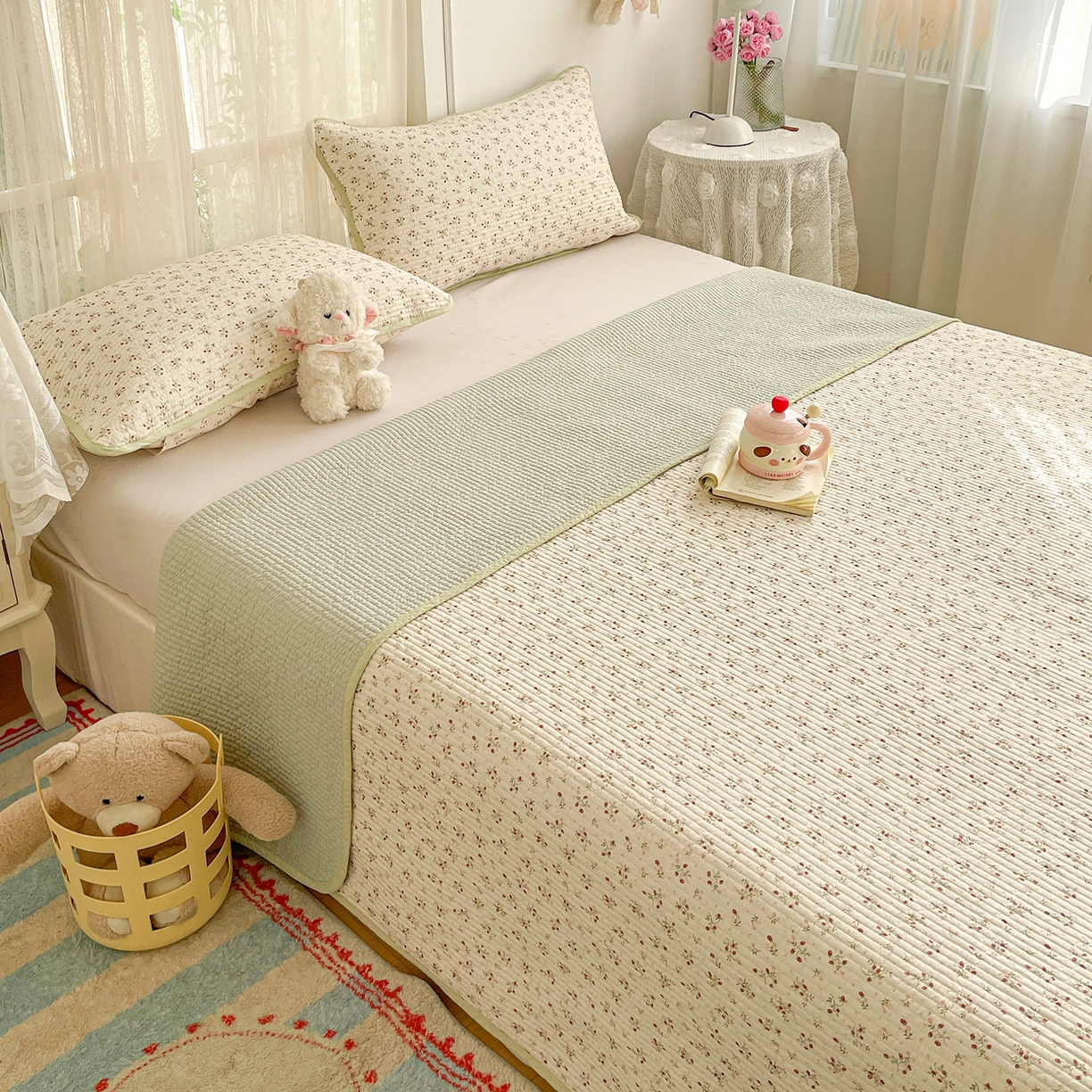 91家纺网 家纺一手货源 找家纺 金丝兔 2026春夏新品全棉床盖三件套纯棉砂洗床盖榻榻米炕盖加厚碎花床单 硕果