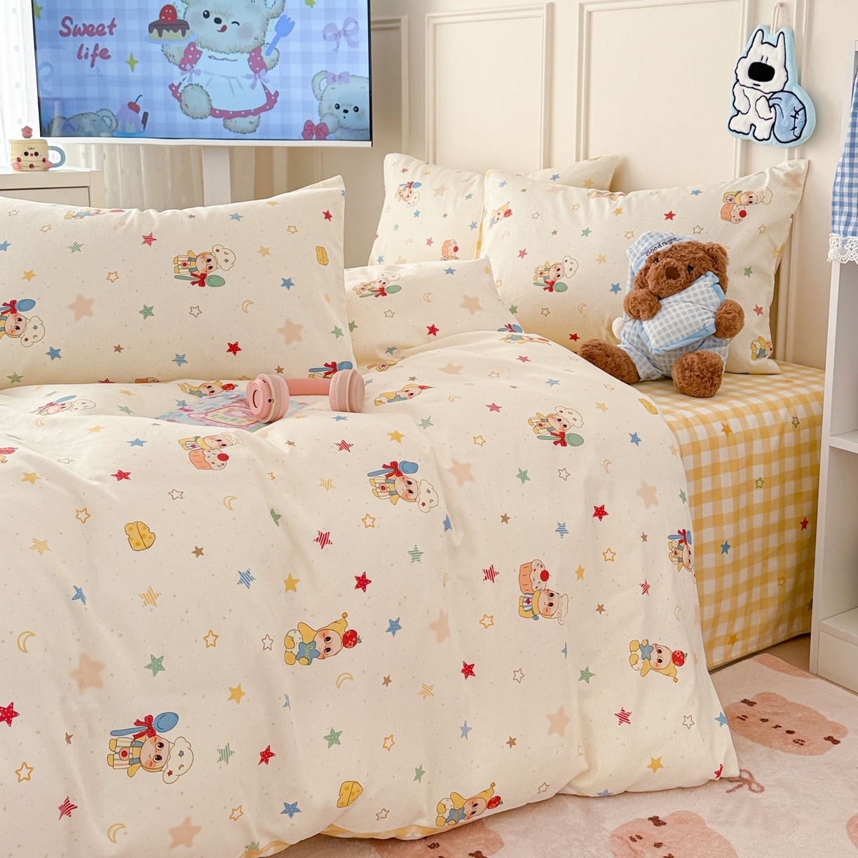 91家纺网 家纺一手货源 找家纺 女子家纺 2026新款全棉12868卡通印花四件套大耳朵兔兔系列 七彩星星