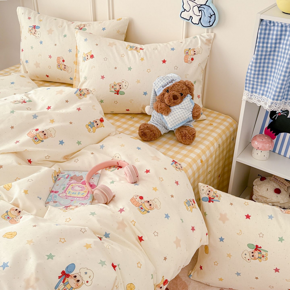 91家纺网 家纺一手货源 找家纺 女子家纺 2026新款全棉12868卡通印花四件套大耳朵兔兔系列 七彩星星