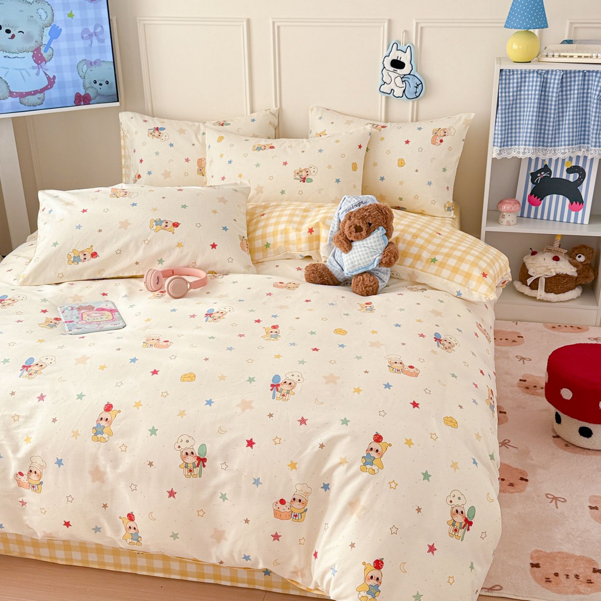 91家纺网 家纺一手货源 找家纺 女子家纺 2026新款全棉12868卡通印花四件套大耳朵兔兔系列 七彩星星