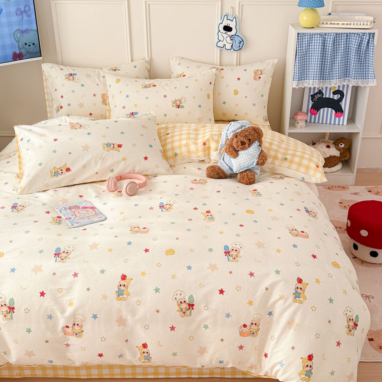 91家纺网 家纺一手货源 找家纺 女子家纺 2026新款全棉12868卡通印花四件套大耳朵兔兔系列 七彩星星