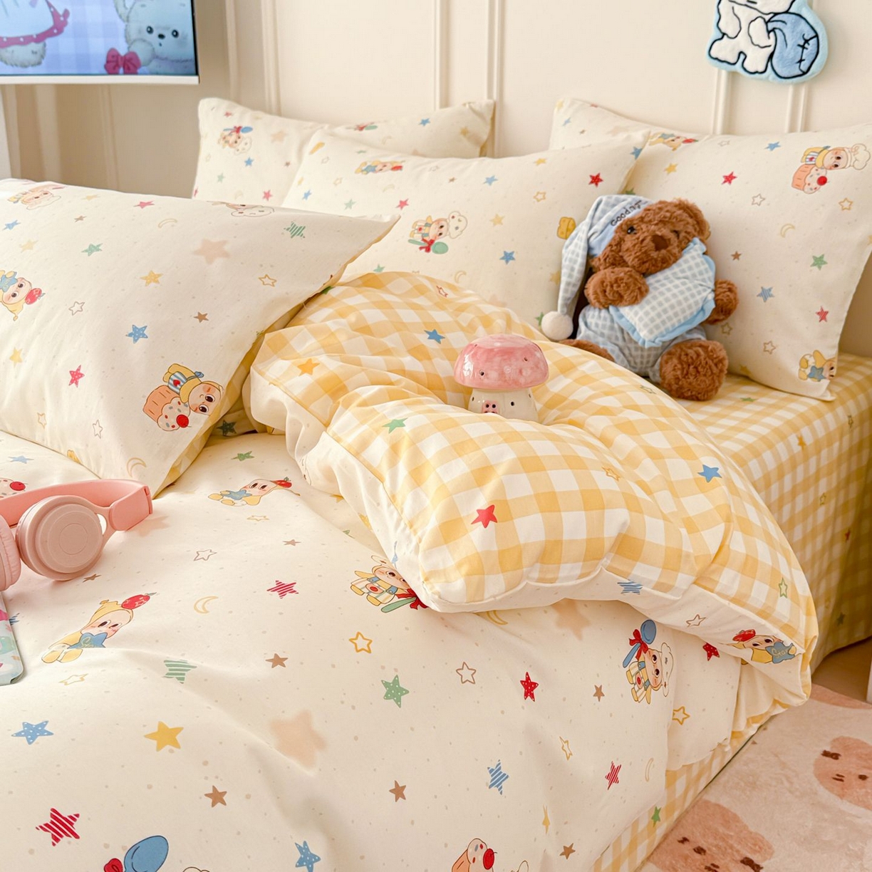 91家纺网 家纺一手货源 找家纺 女子家纺 2026新款全棉12868卡通印花四件套大耳朵兔兔系列 七彩星星