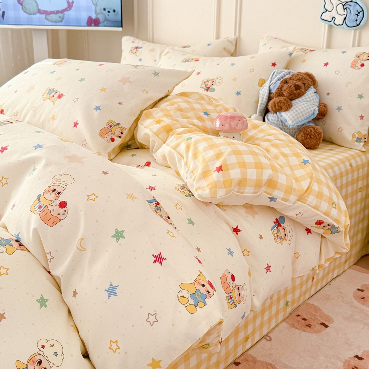 91家纺网 家纺一手货源 找家纺 女子家纺 2026新款全棉12868卡通印花四件套大耳朵兔兔系列 七彩星星