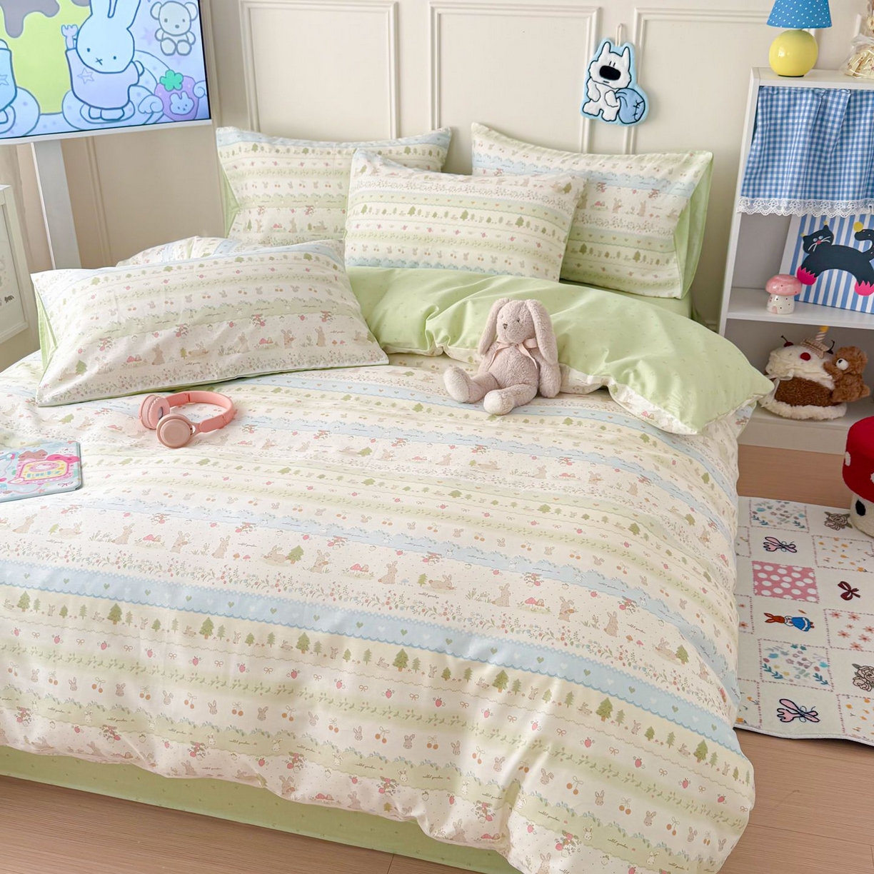 91家纺网 家纺一手货源 找家纺 女子家纺 2026新款全棉12868卡通印花四件套大耳朵兔兔系列 青柠蓝花