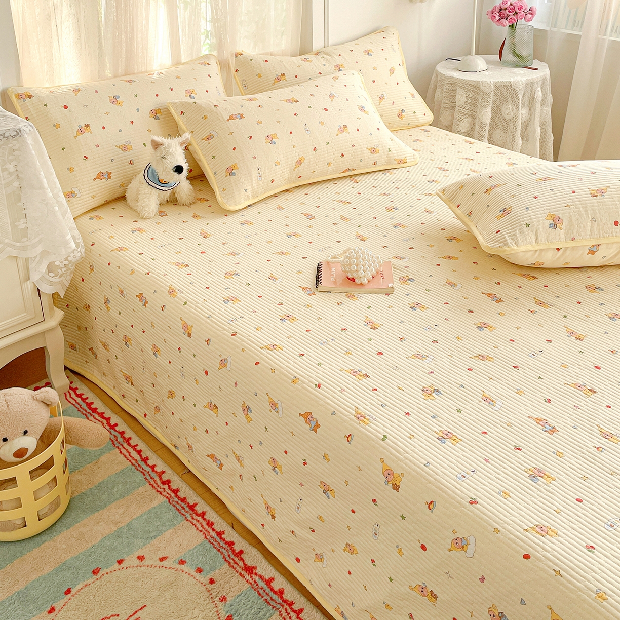 91家纺网 家纺一手货源 找家纺 金丝兔 2026春夏新品全棉床盖三件套纯棉砂洗床盖榻榻米炕盖加厚碎花床单 星星人