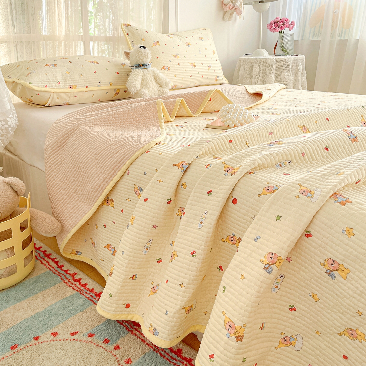 91家纺网 家纺一手货源 找家纺 金丝兔 2026春夏新品全棉床盖三件套纯棉砂洗床盖榻榻米炕盖加厚碎花床单 星星人