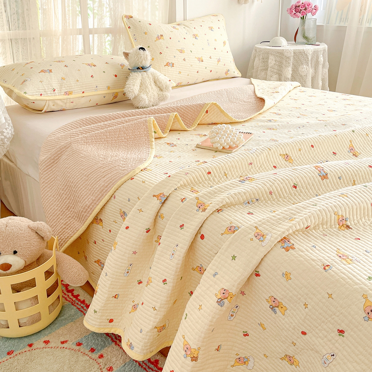 91家纺网 家纺一手货源 找家纺 金丝兔 2026春夏新品全棉床盖三件套纯棉砂洗床盖榻榻米炕盖加厚碎花床单 星星人