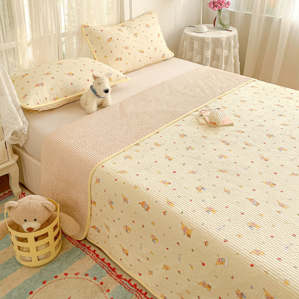 91家纺网 家纺一手货源 找家纺 金丝兔 2026春夏新品全棉床盖三件套纯棉砂洗床盖榻榻米炕盖加厚碎花床单 星星人