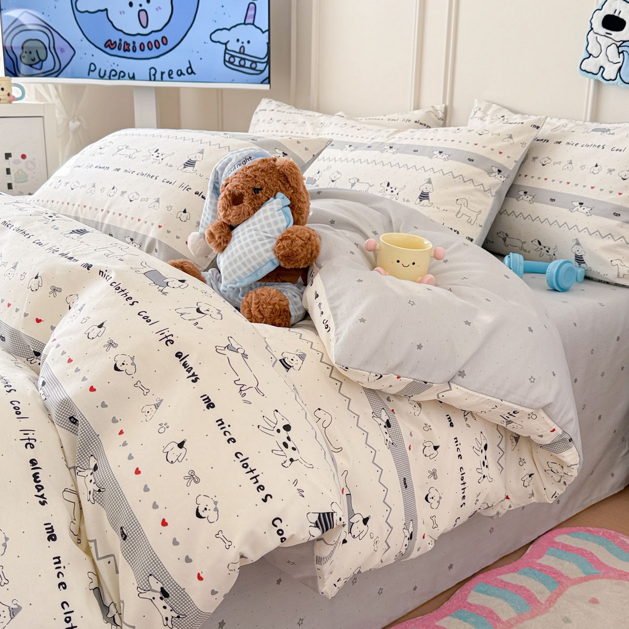 91家纺网 家纺一手货源 找家纺 女子家纺 2026新款全棉12868卡通印花四件套大耳朵兔兔系列 手绘汪星人