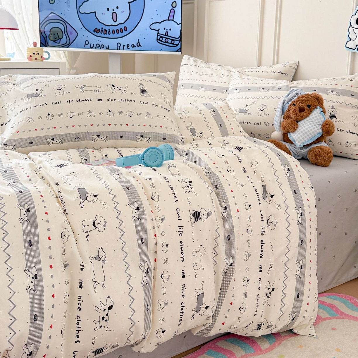 91家纺网 家纺一手货源 找家纺 女子家纺 2026新款全棉12868卡通印花四件套大耳朵兔兔系列 手绘汪星人