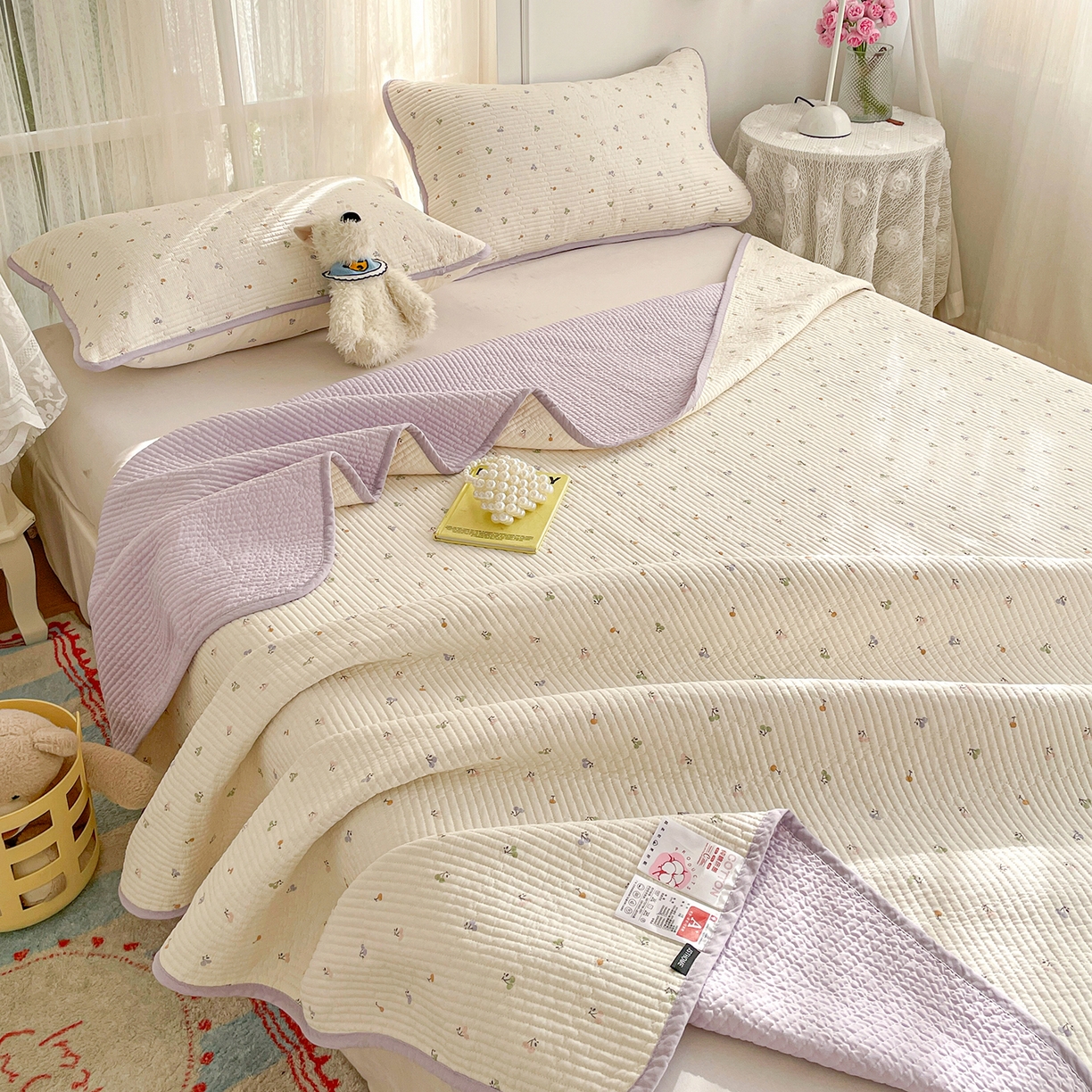 金丝兔 2026春夏新品全棉床盖三件套纯棉砂洗床盖榻榻米炕盖加厚碎花床单 樱桃小城