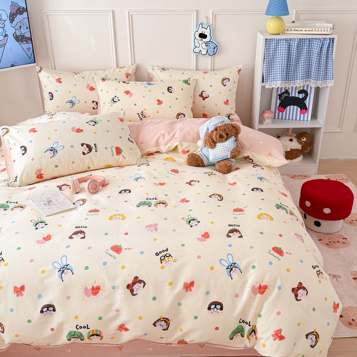 91家纺网 家纺一手货源 找家纺 女子家纺 2026新款全棉12868卡通印花四件套大耳朵兔兔系列 甜娃娃