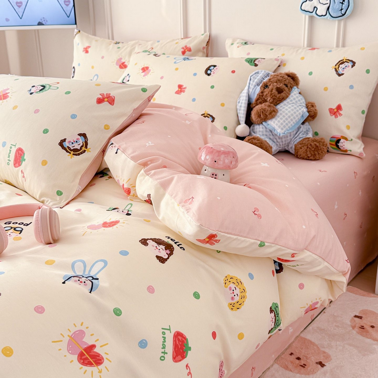 91家纺网 家纺一手货源 找家纺 女子家纺 2026新款全棉12868卡通印花四件套大耳朵兔兔系列 甜娃娃