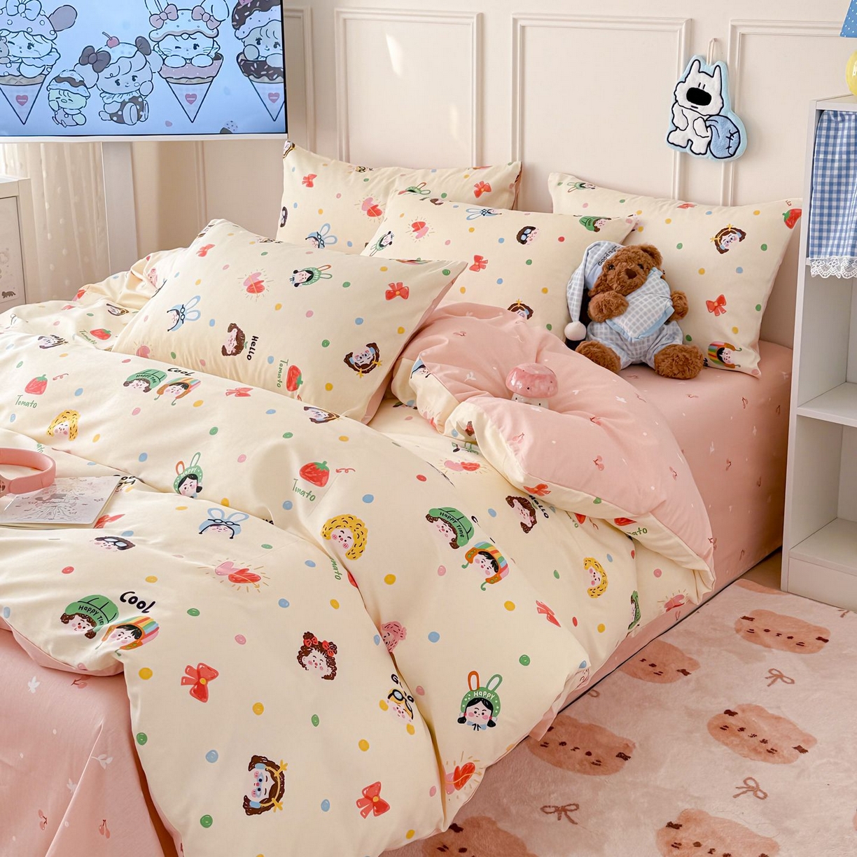 91家纺网 家纺一手货源 找家纺 女子家纺 2026新款全棉12868卡通印花四件套大耳朵兔兔系列 甜娃娃