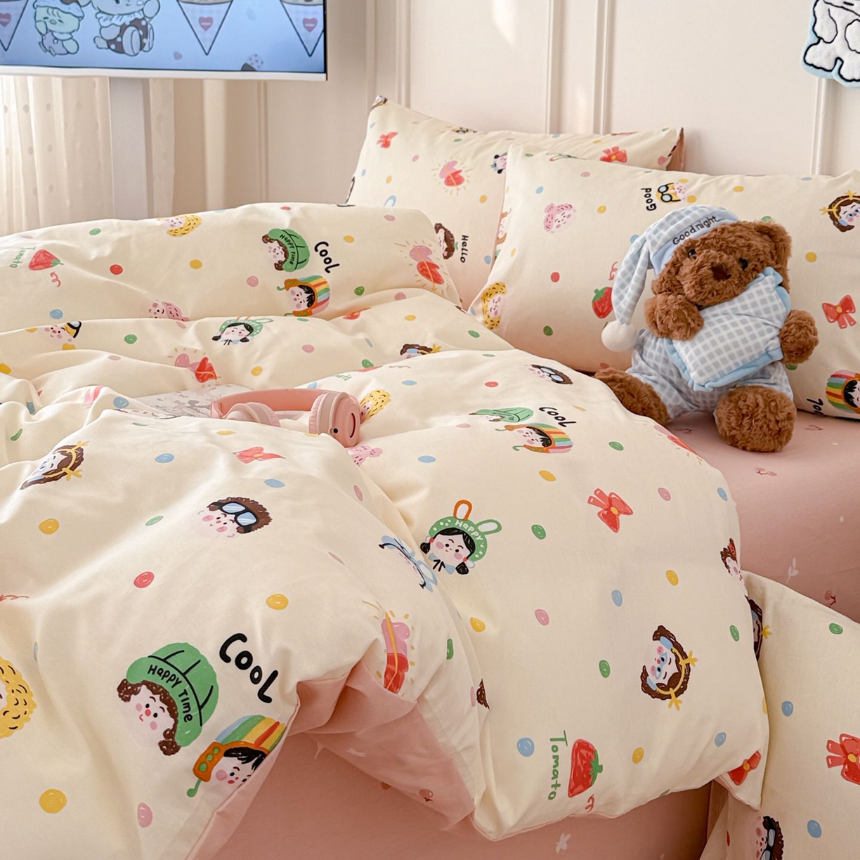 91家纺网 家纺一手货源 找家纺 女子家纺 2026新款全棉12868卡通印花四件套大耳朵兔兔系列 甜娃娃