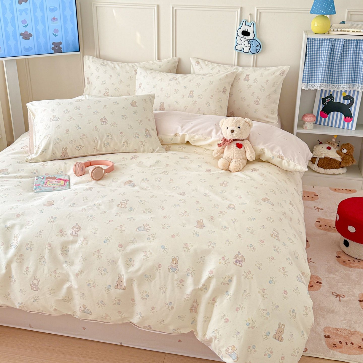 91家纺网 家纺一手货源 找家纺 女子家纺 2026新款全棉12868卡通印花四件套大耳朵兔兔系列 兔叽碎花